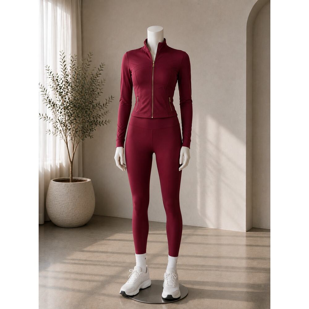 Women’s Burgundy Activewear Set – Zip Up Jacket & High Waist Leggings